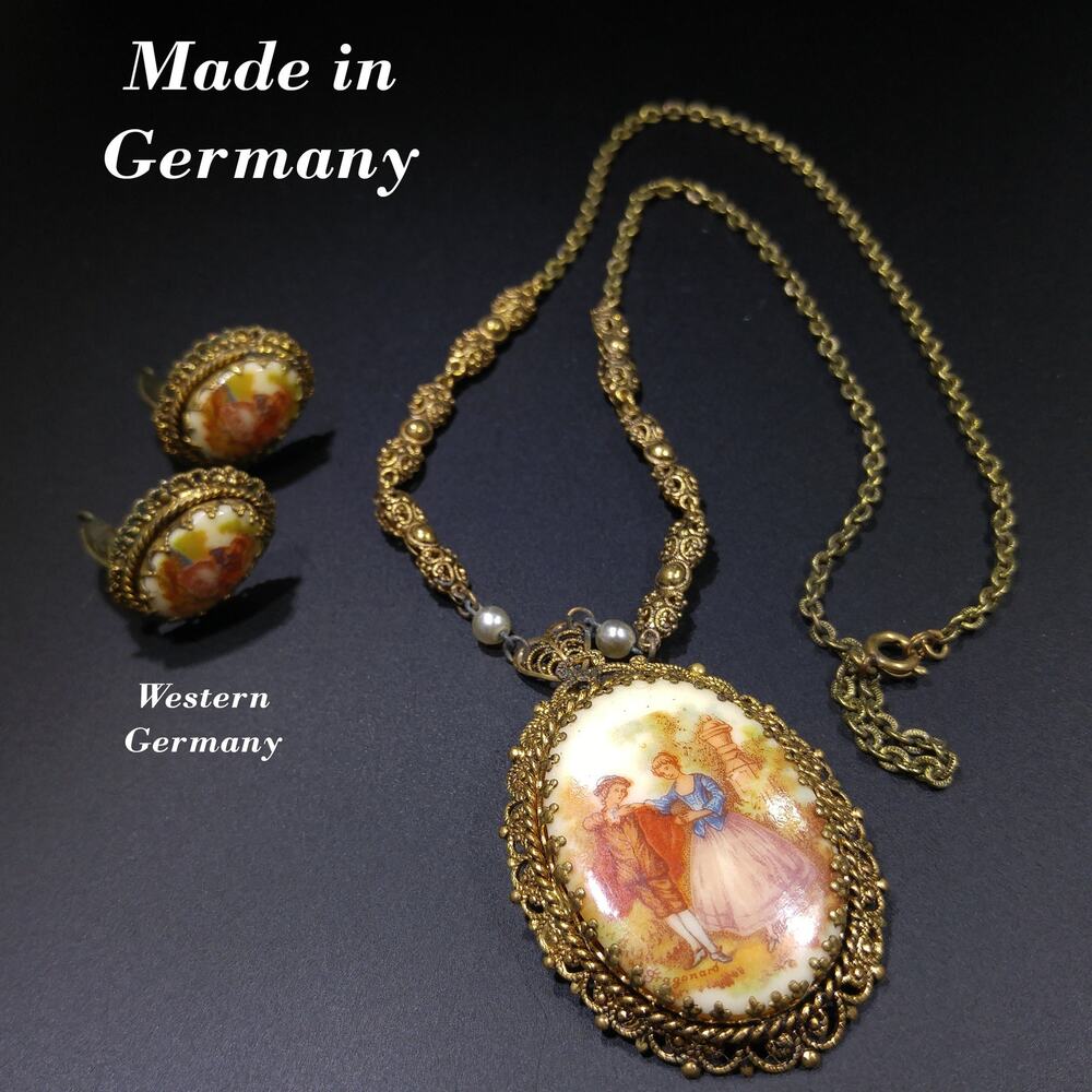 Vintage West Germany Courting Couple Cameo Necklace Brooch Set